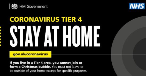Tier 4 banner - Stay at Home. If you live in a Tier 4 area, you cannot join or form a Christmas bubble.